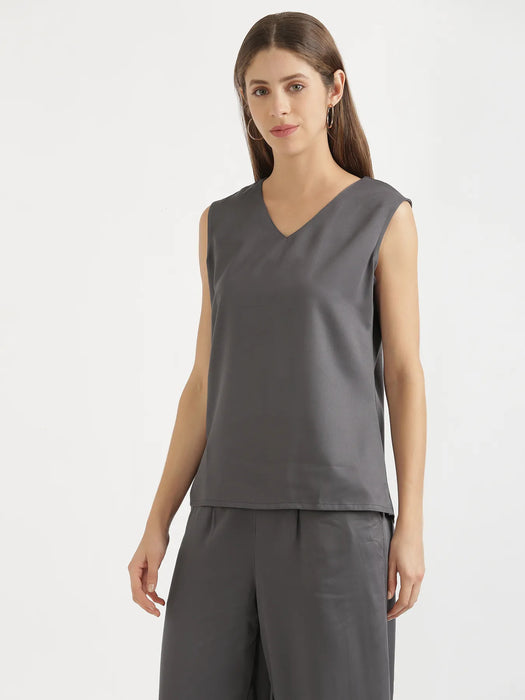 Women Grey V-Neck Sleeveless Top