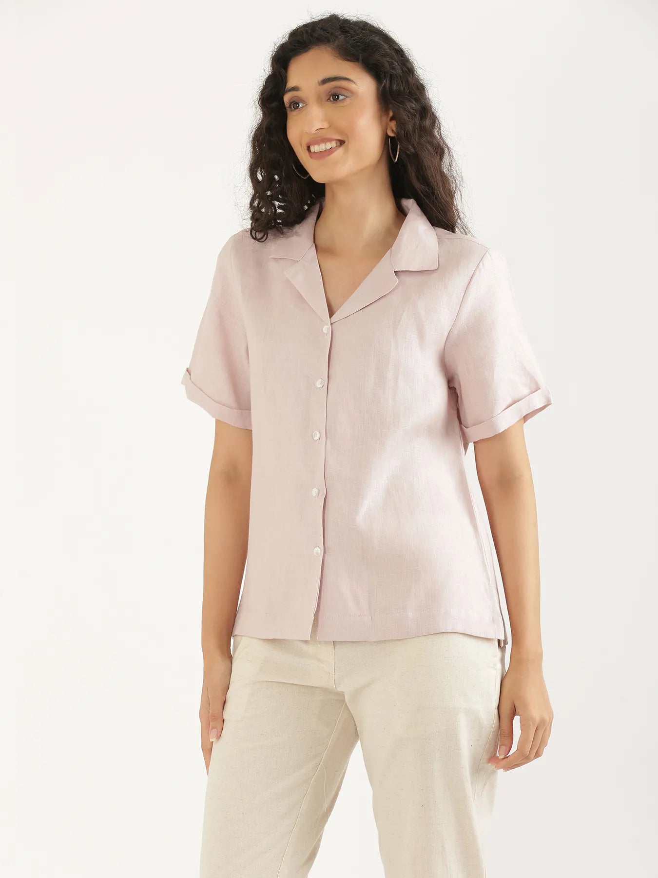 Women Light Pink Pure Linen Notch Collar Shirt