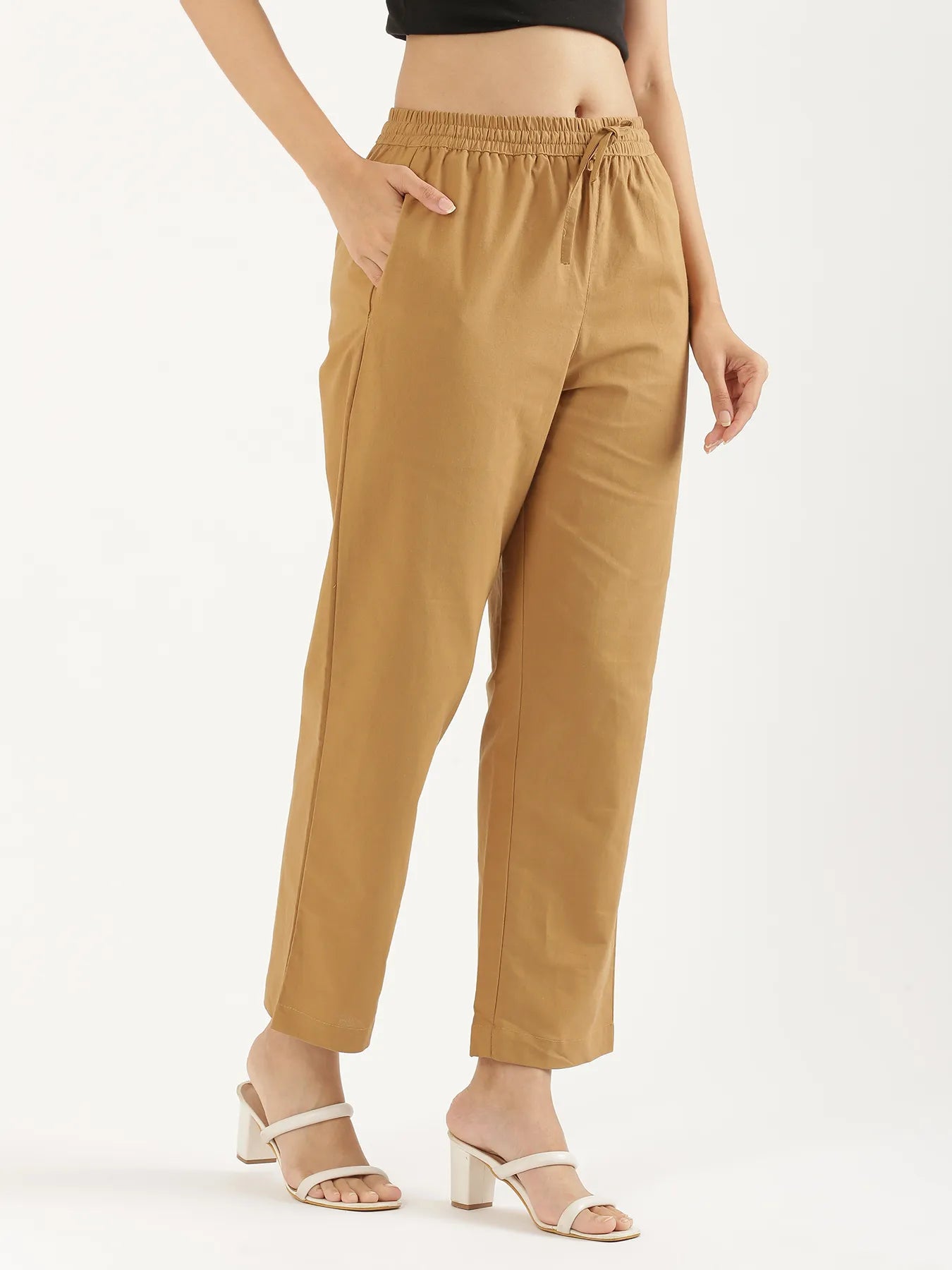 Women Coffee Brown Cotton Straight Pant