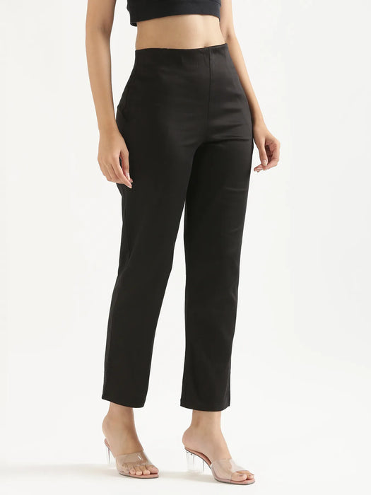 Women Black & German Grey Straight Fit Formal Pants