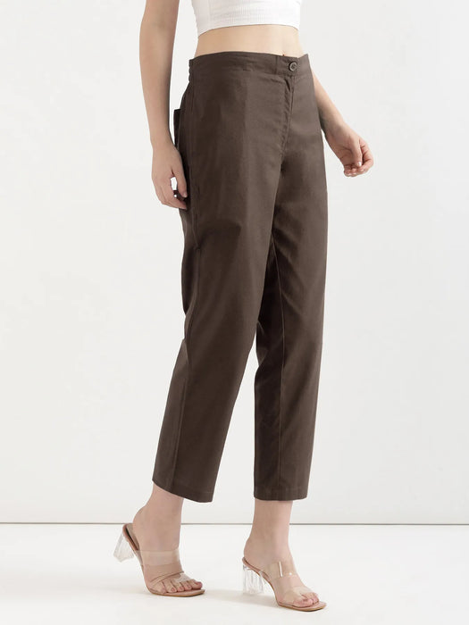Women Dark Brown Airy Linen Straight Pants