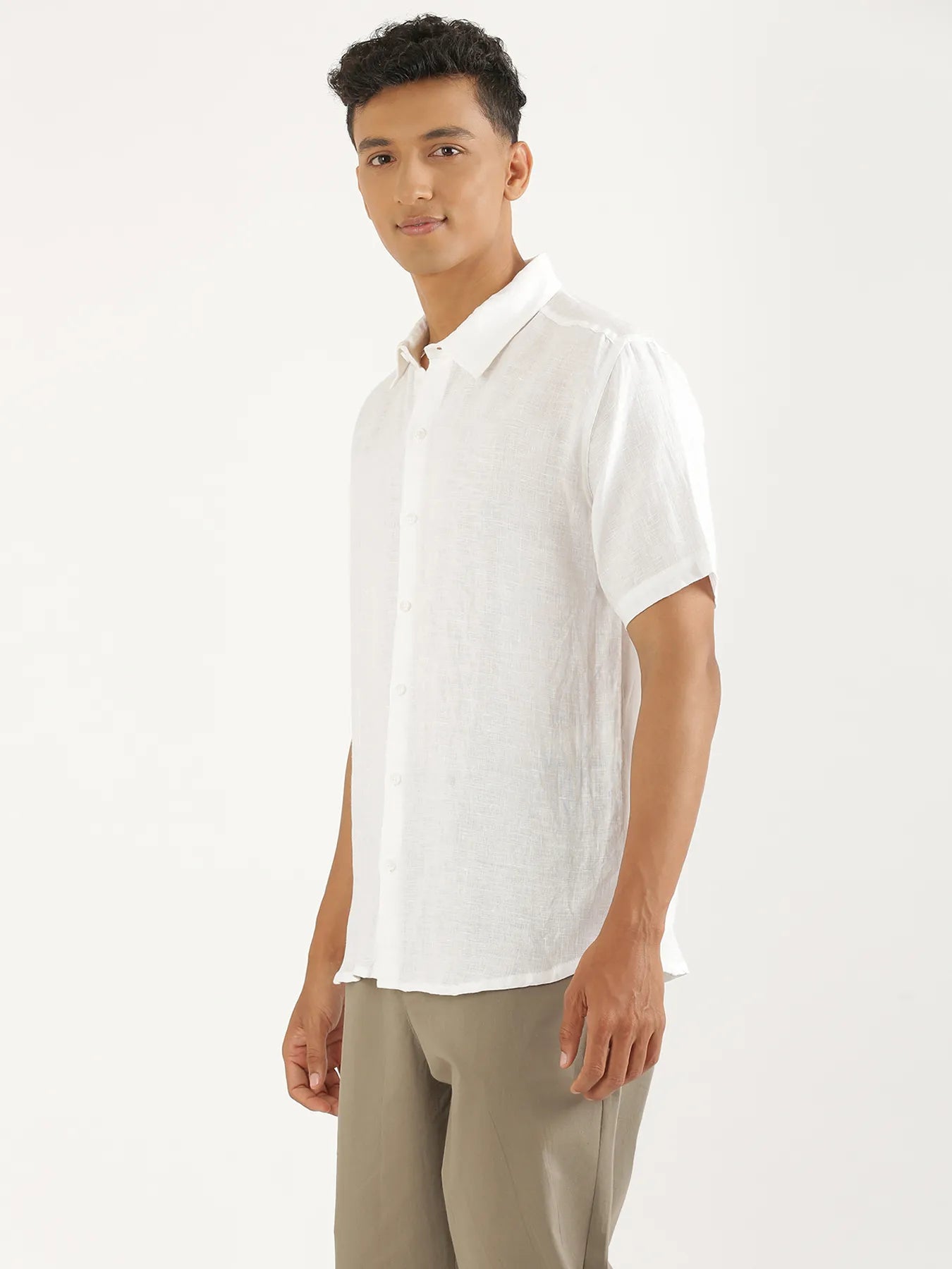 Men White Pure Linen Short Sleeve Shirt