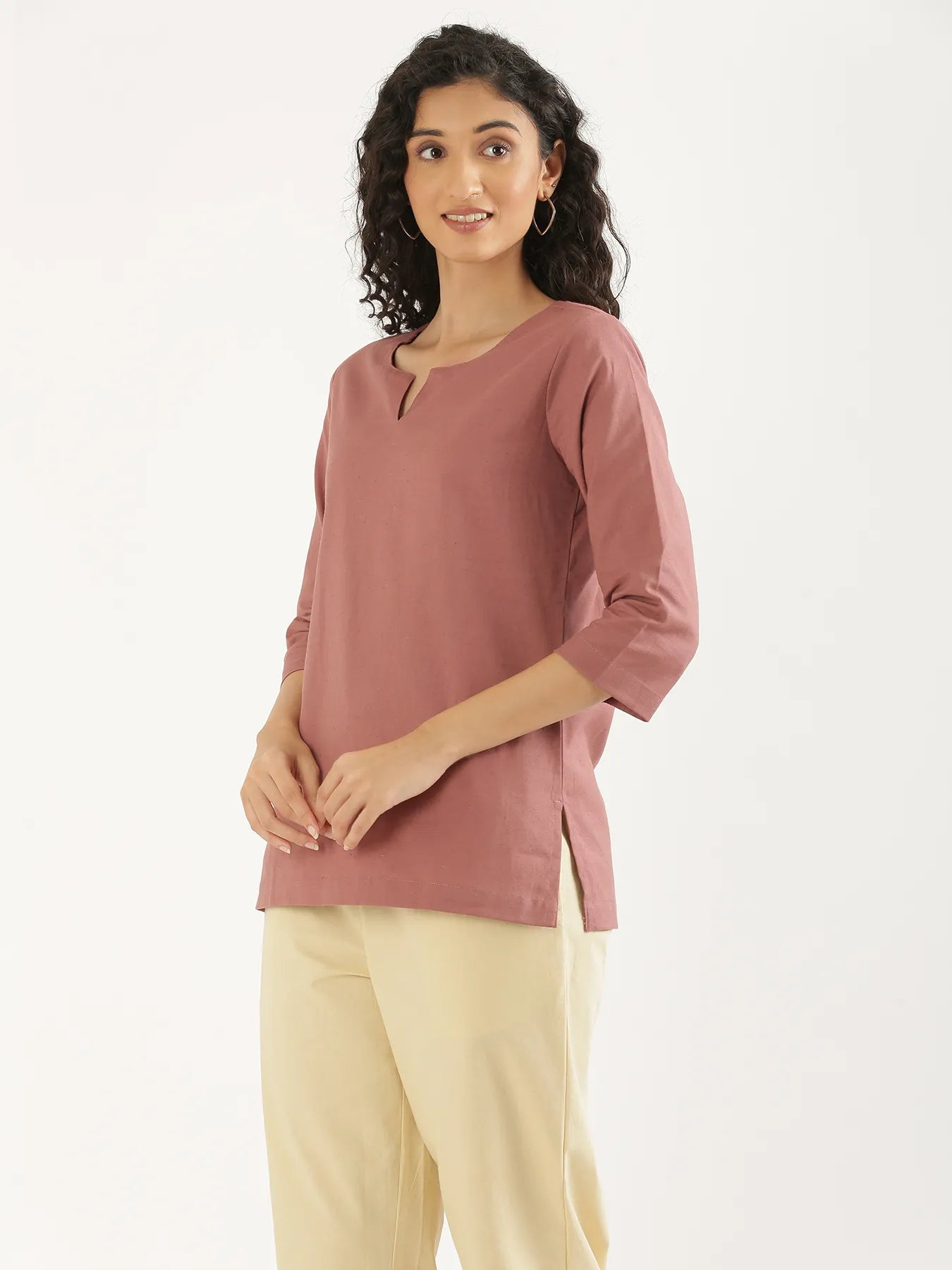 Women Rose Taupe Airy Linen Split Neck Short Kurta