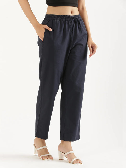 Women Navy Blue Cotton Straight Pant