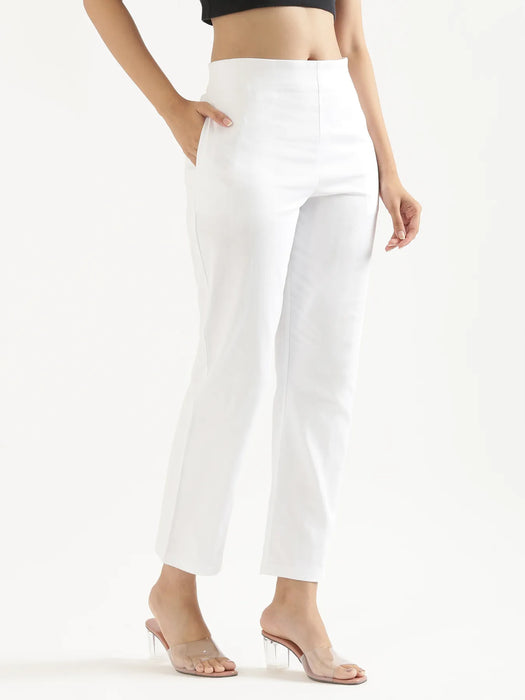 Women Olive Green & White Straight Fit Formal Pants