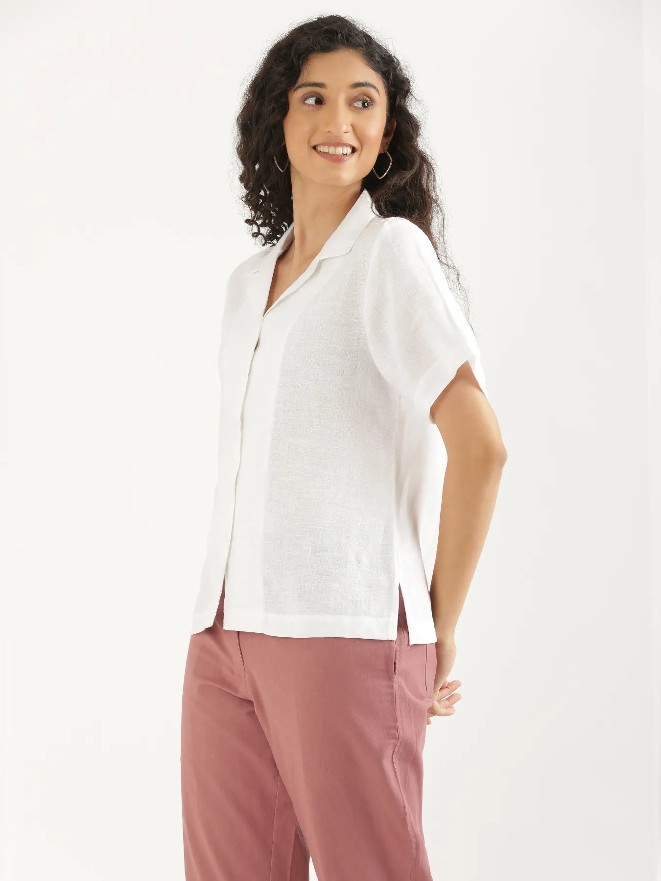 Women White Pure Linen Notch Collar Shirt