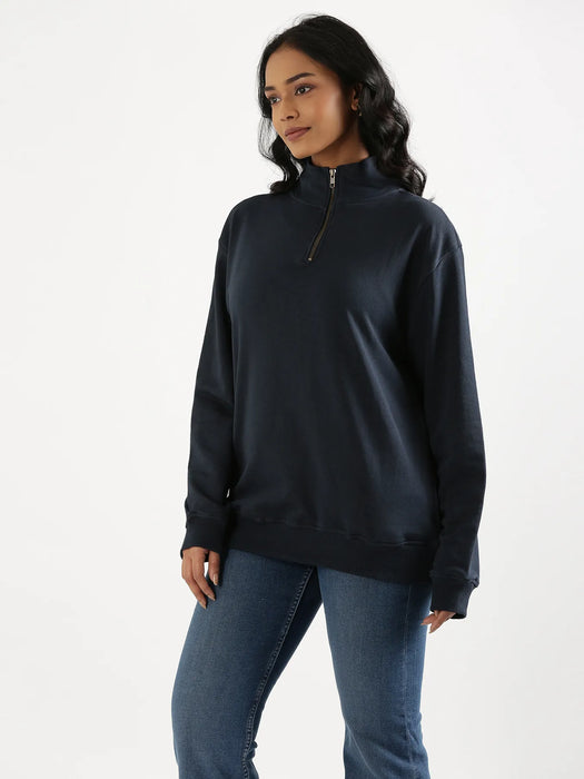 Unisex Navy Blue Zip Neck Sweatshirt
