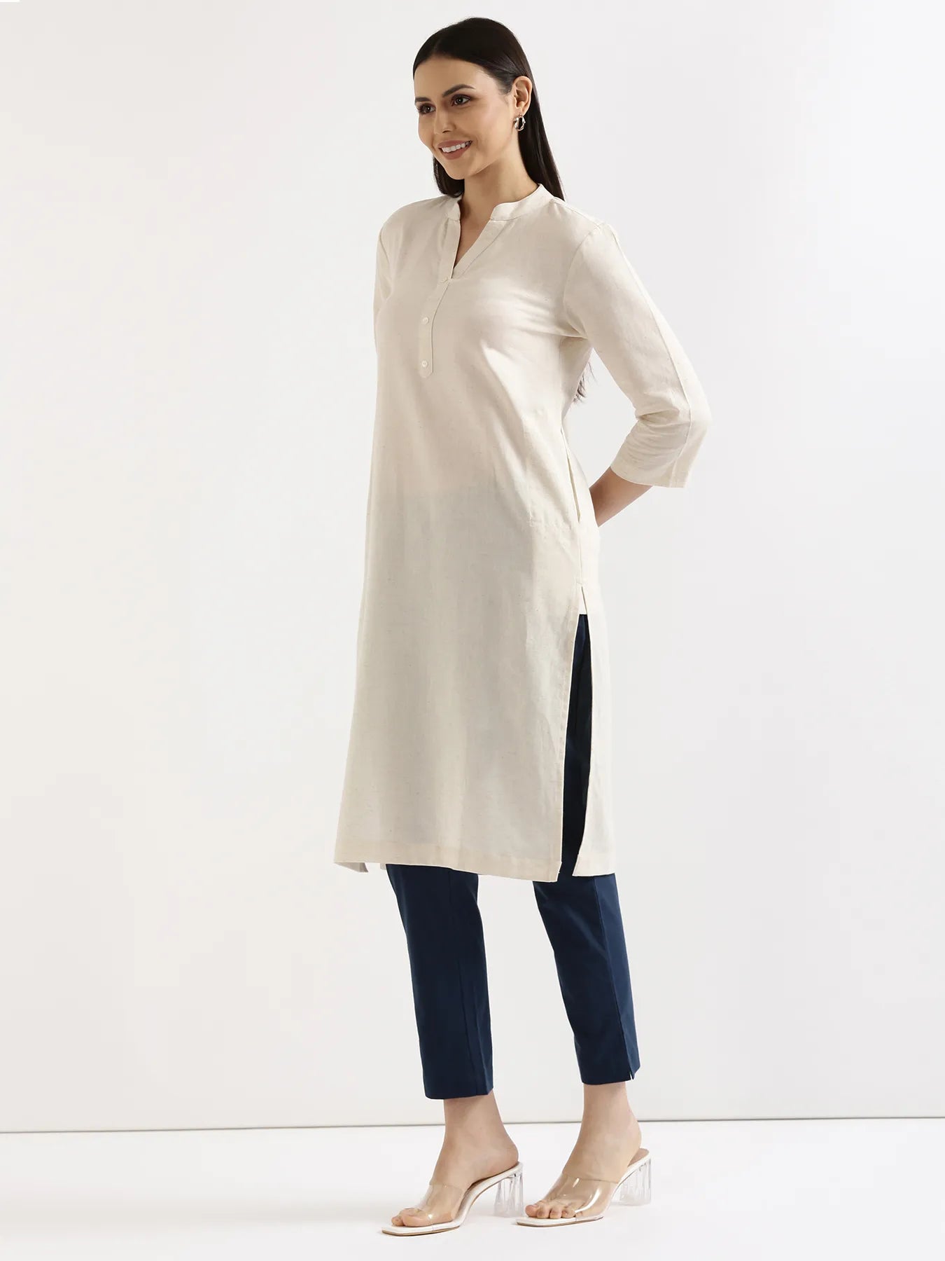 Women Ecru Airy Linen Long Kurta