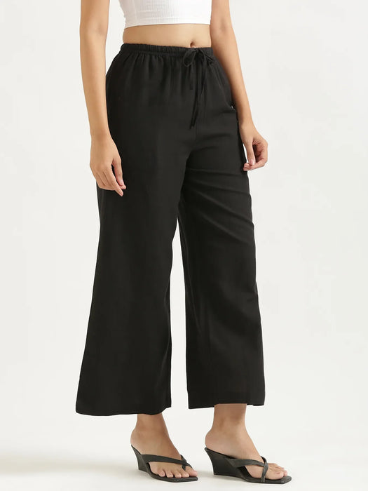 Women Black Flowy Linen Wide Leg Pants