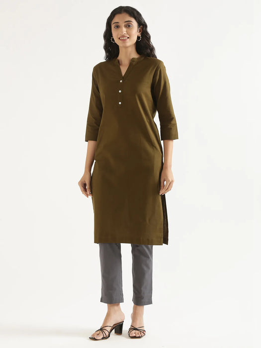 Women Olive Green Airy Linen Long Kurta & Cement Grey Cotton Pant Set