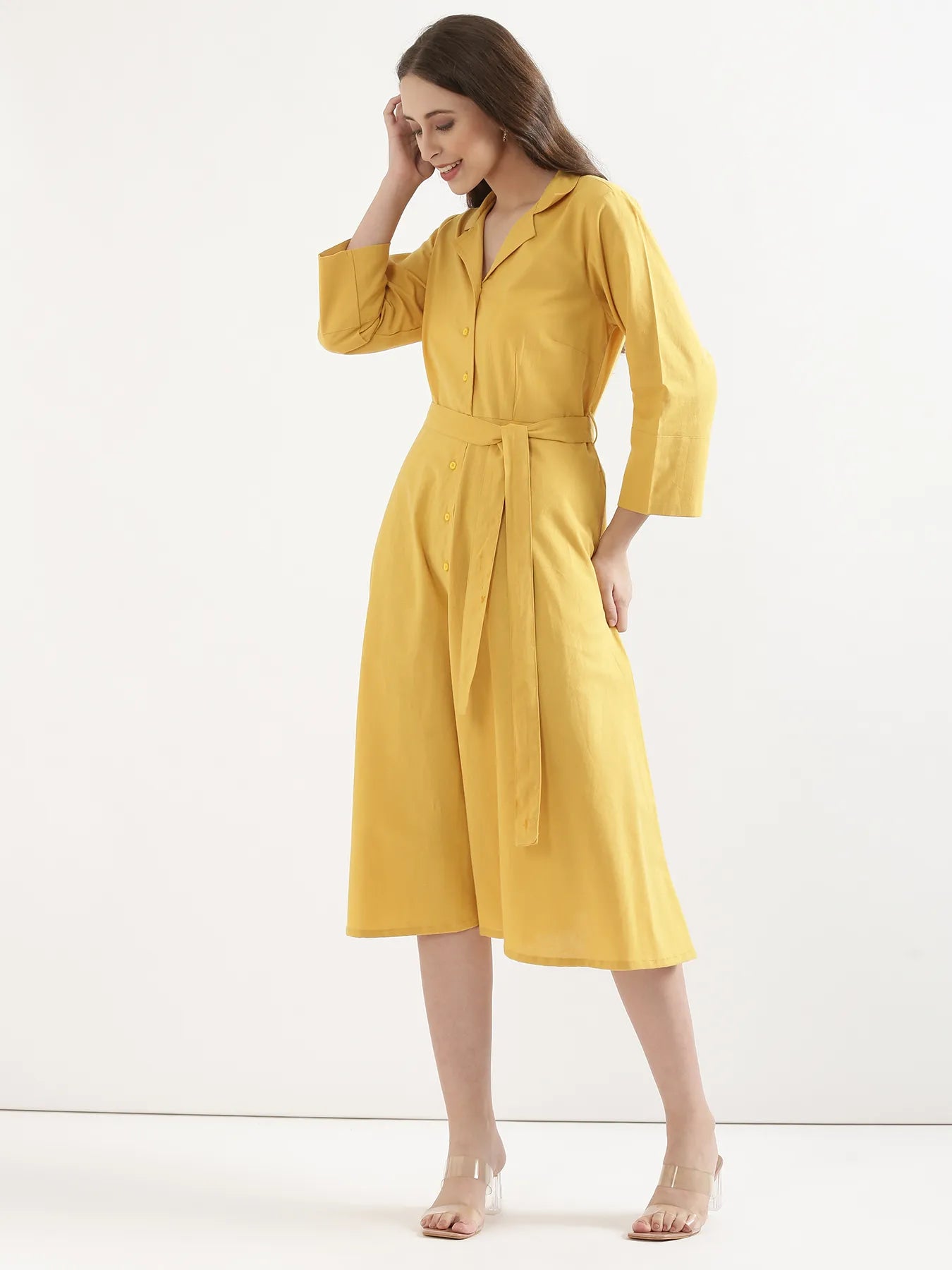 Women Yellow Airy Linen Flared Dress