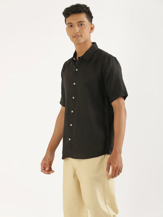 Men Black Pure Linen Short Sleeve Shirt