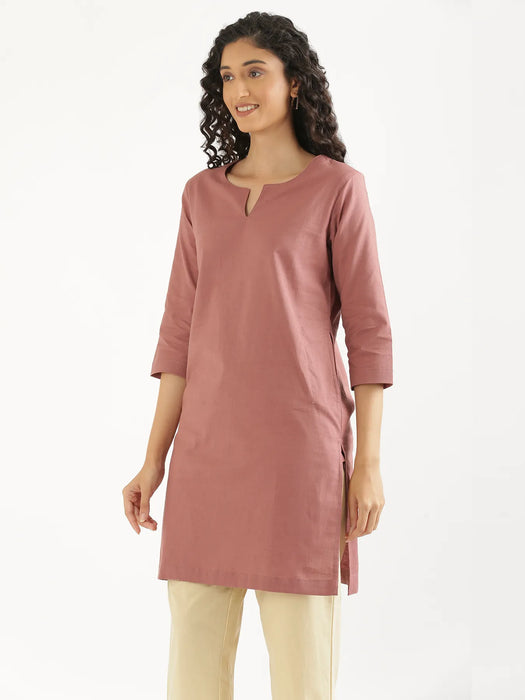 Women Rose Taupe Airy Linen Mid Thigh Length Kurta