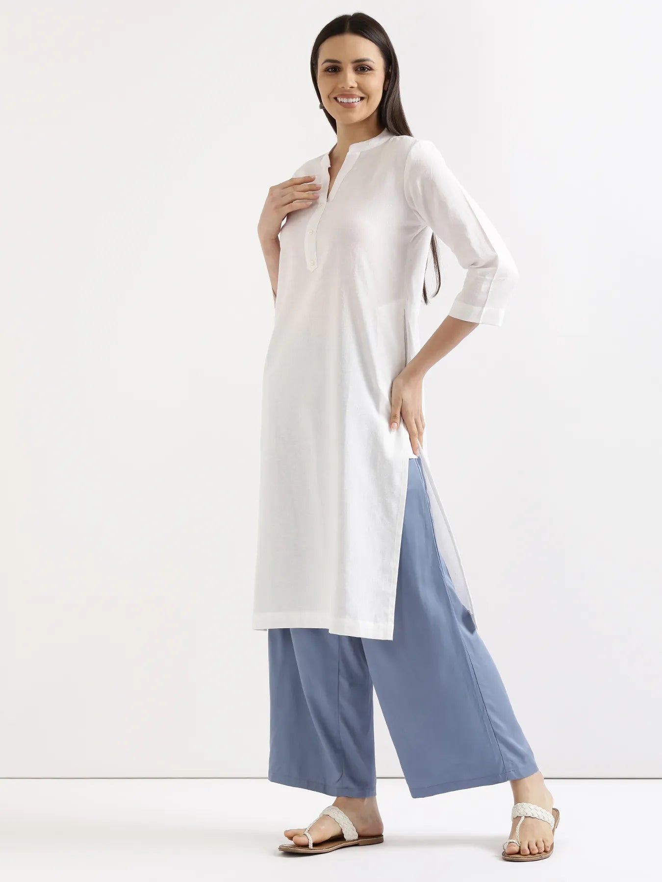 Women White Airy Linen Long Kurta & English Blue Viscose Palazzo Pant Set