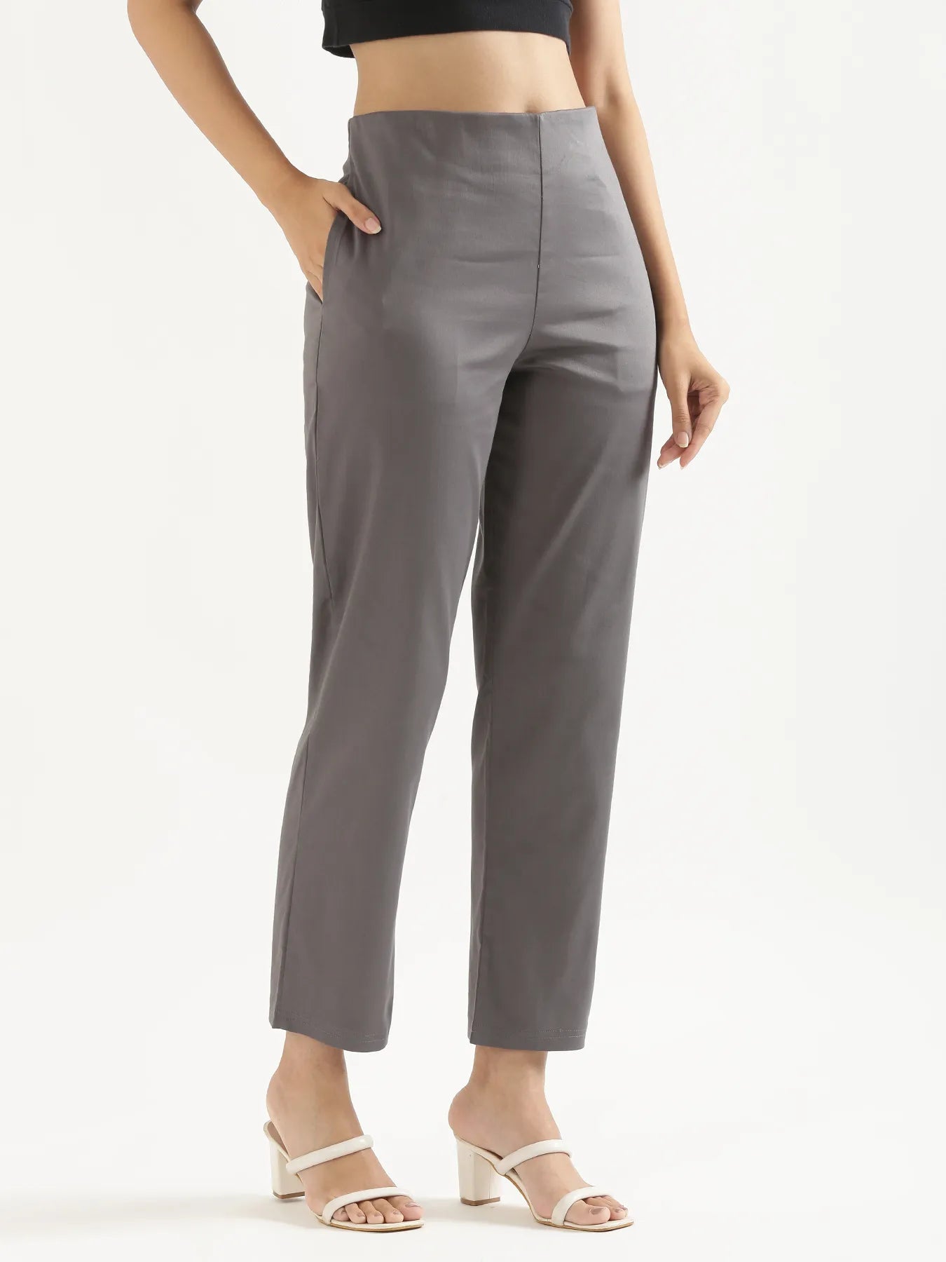 Women German Grey Straight Fit Formal Pants