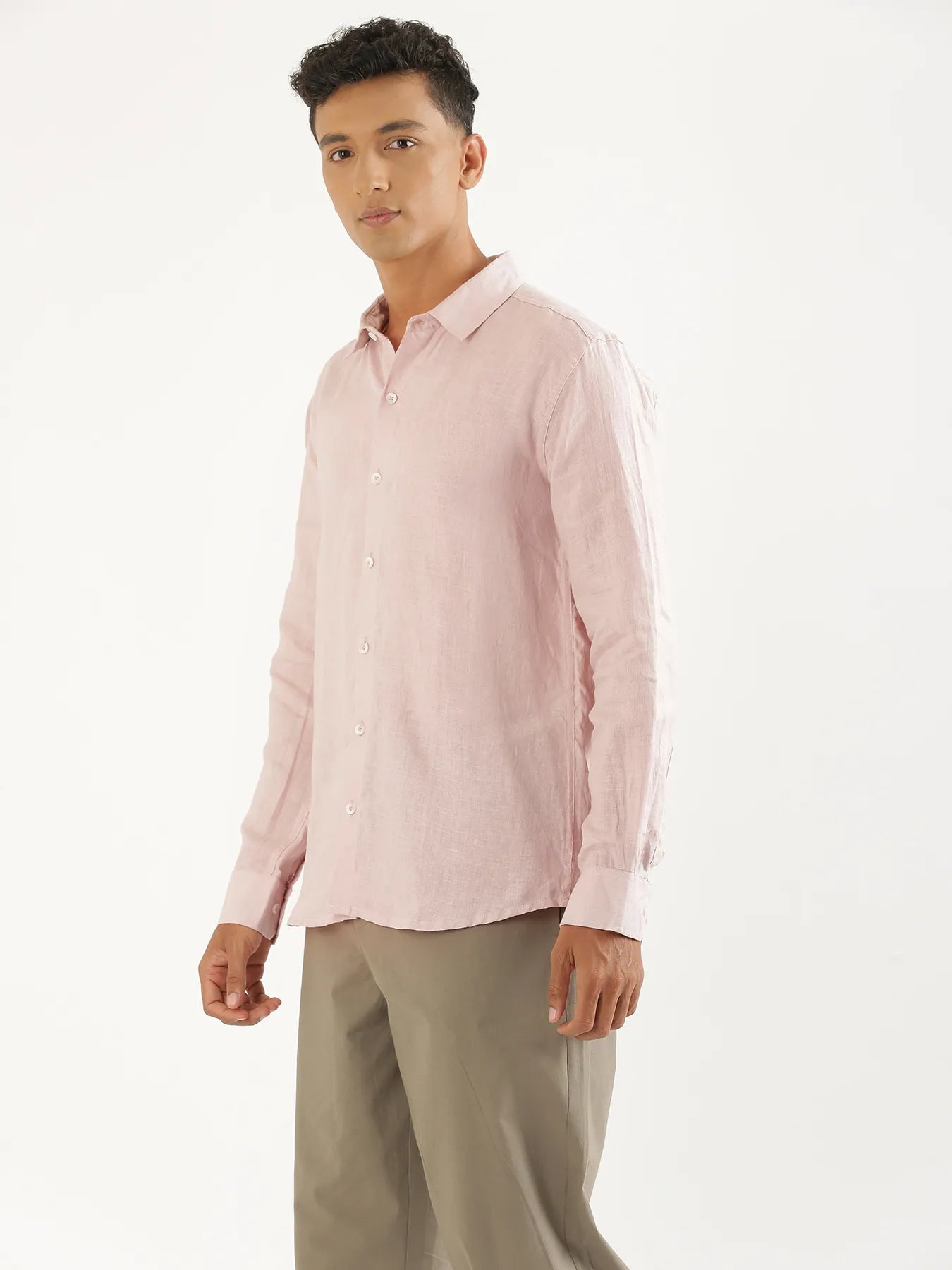 Men Light Pink Pure Linen Full Sleeve Shirt