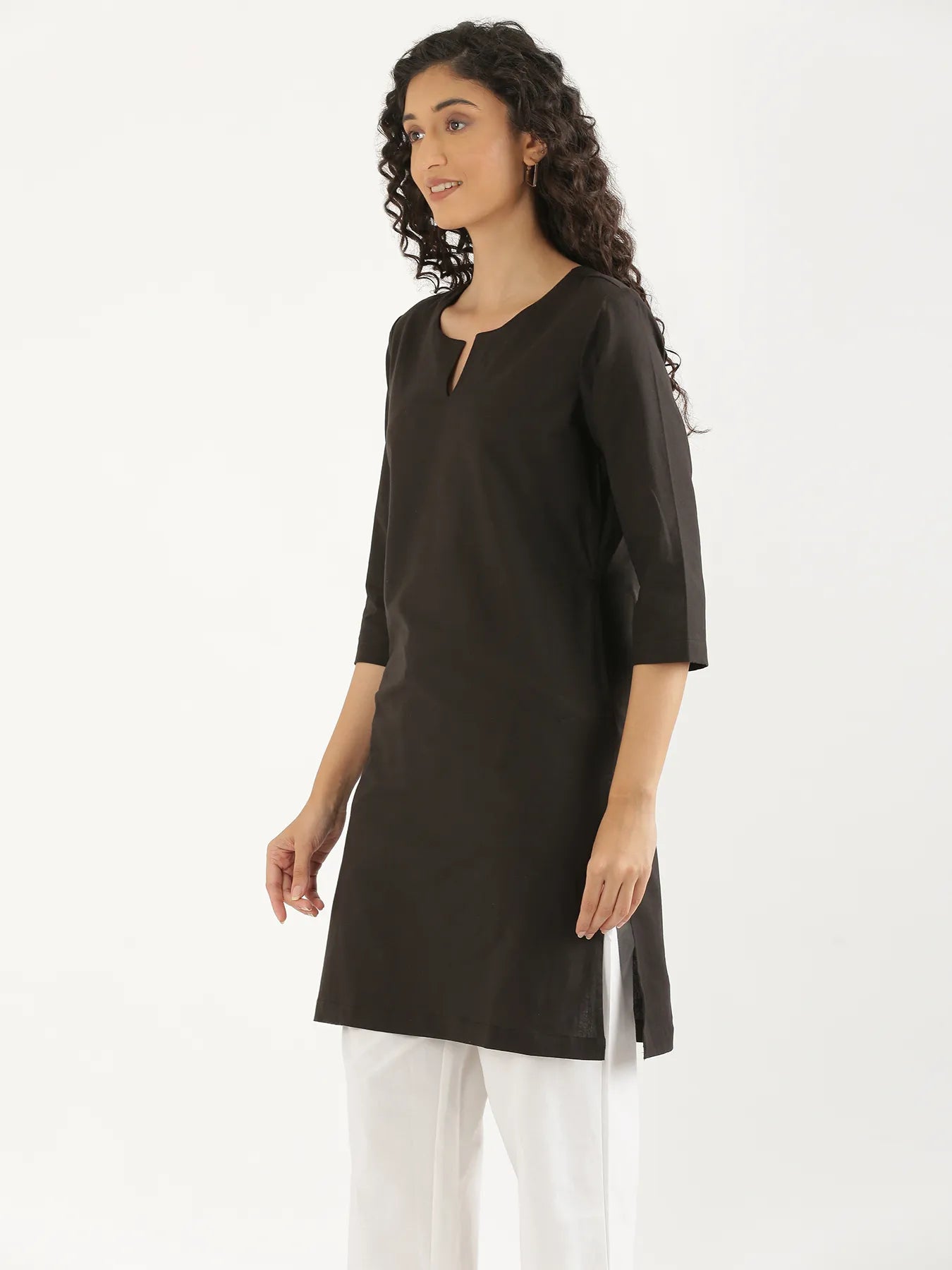 Women Black Airy Linen Mid Thigh Length Kurta