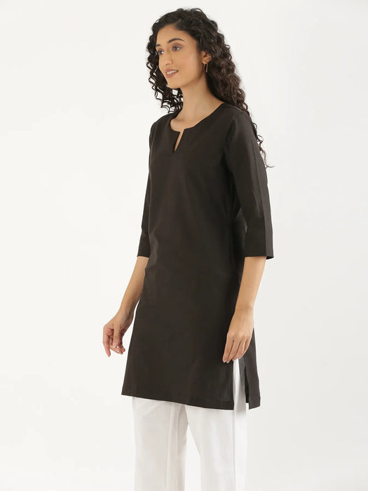 Women Black Airy Linen Mid Thigh Length Kurta