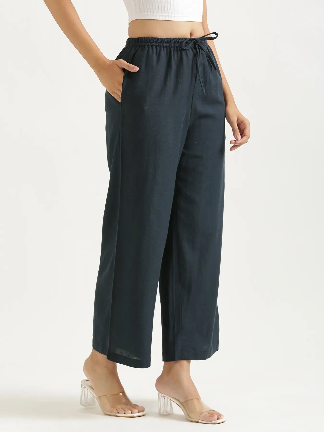 Women Navy Blue Flowy Linen Wide Leg Pants