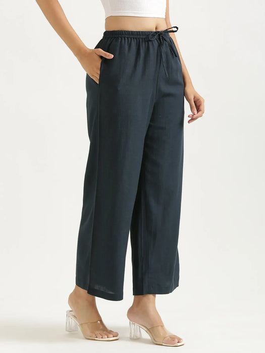 Women Navy Blue Flowy Linen Wide Leg Pants