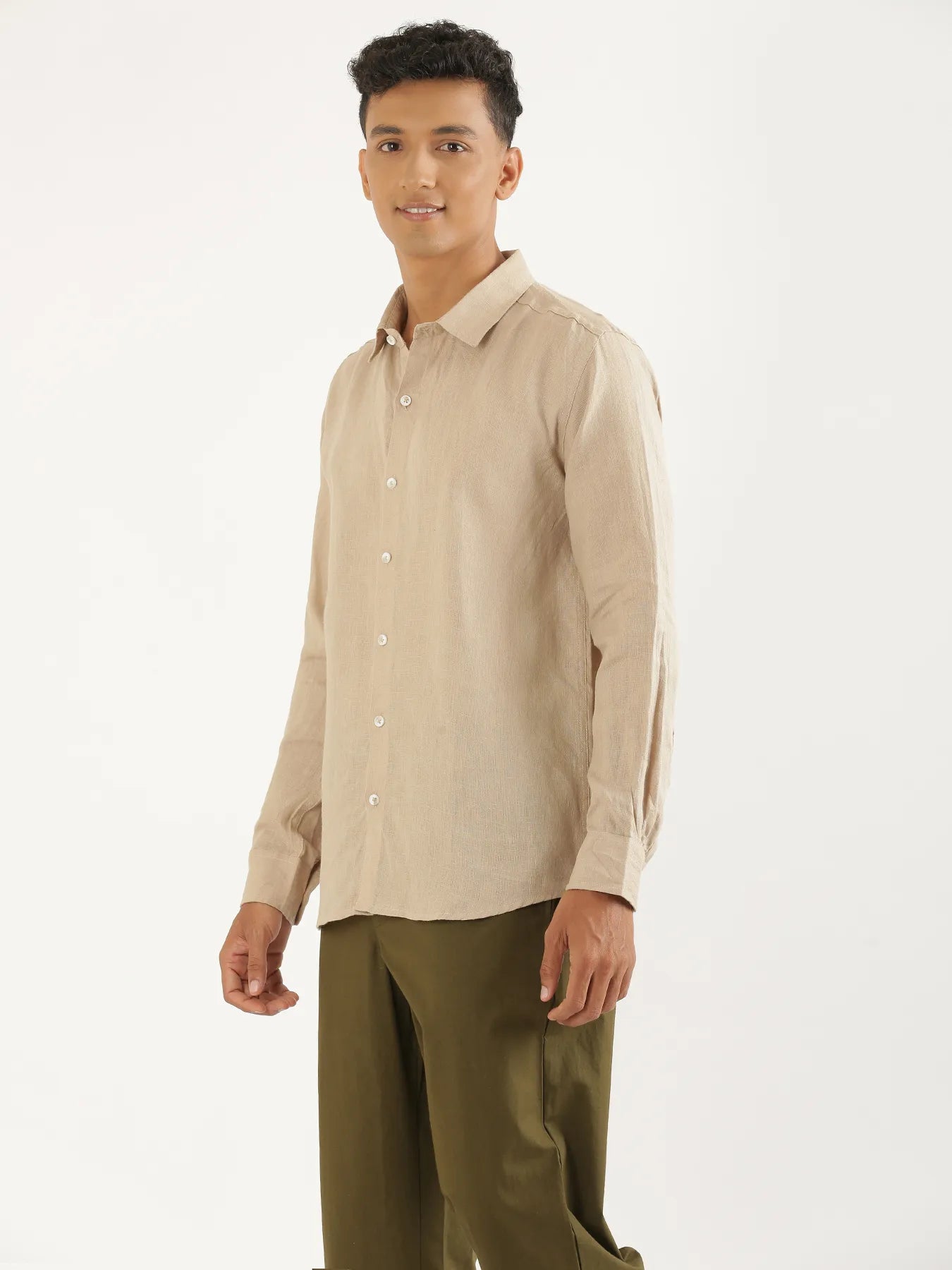 Men Taupe Pure Linen Full Sleeve Shirt