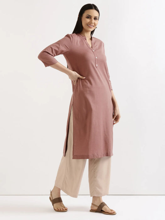 Women Rose Taupe Airy Linen Long Kurta & Beige Viscose Palazzo Pant Set