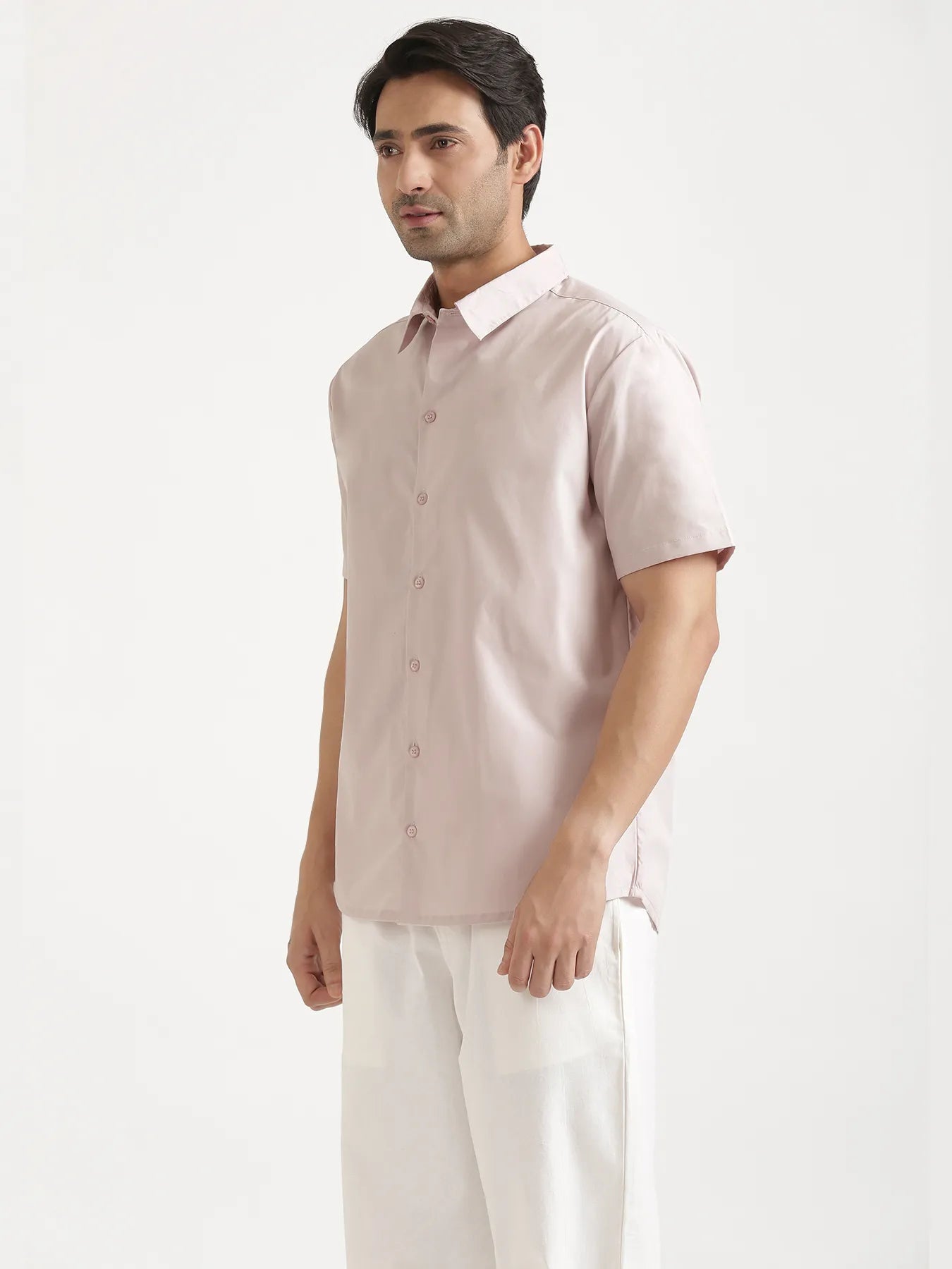 Men Mauve Pink Better Cotton Short Sleeve Shirt & White Cotton Pant