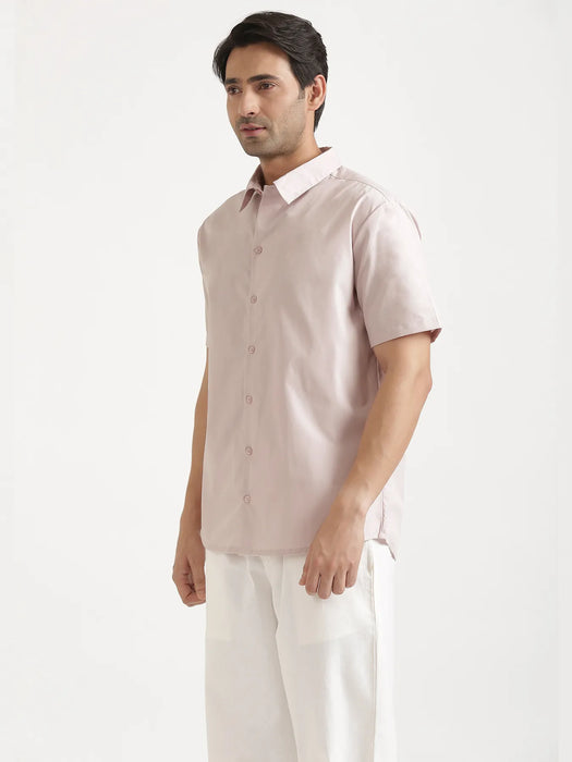 Men Mauve Pink Better Cotton Short Sleeve Shirt & White Cotton Pant
