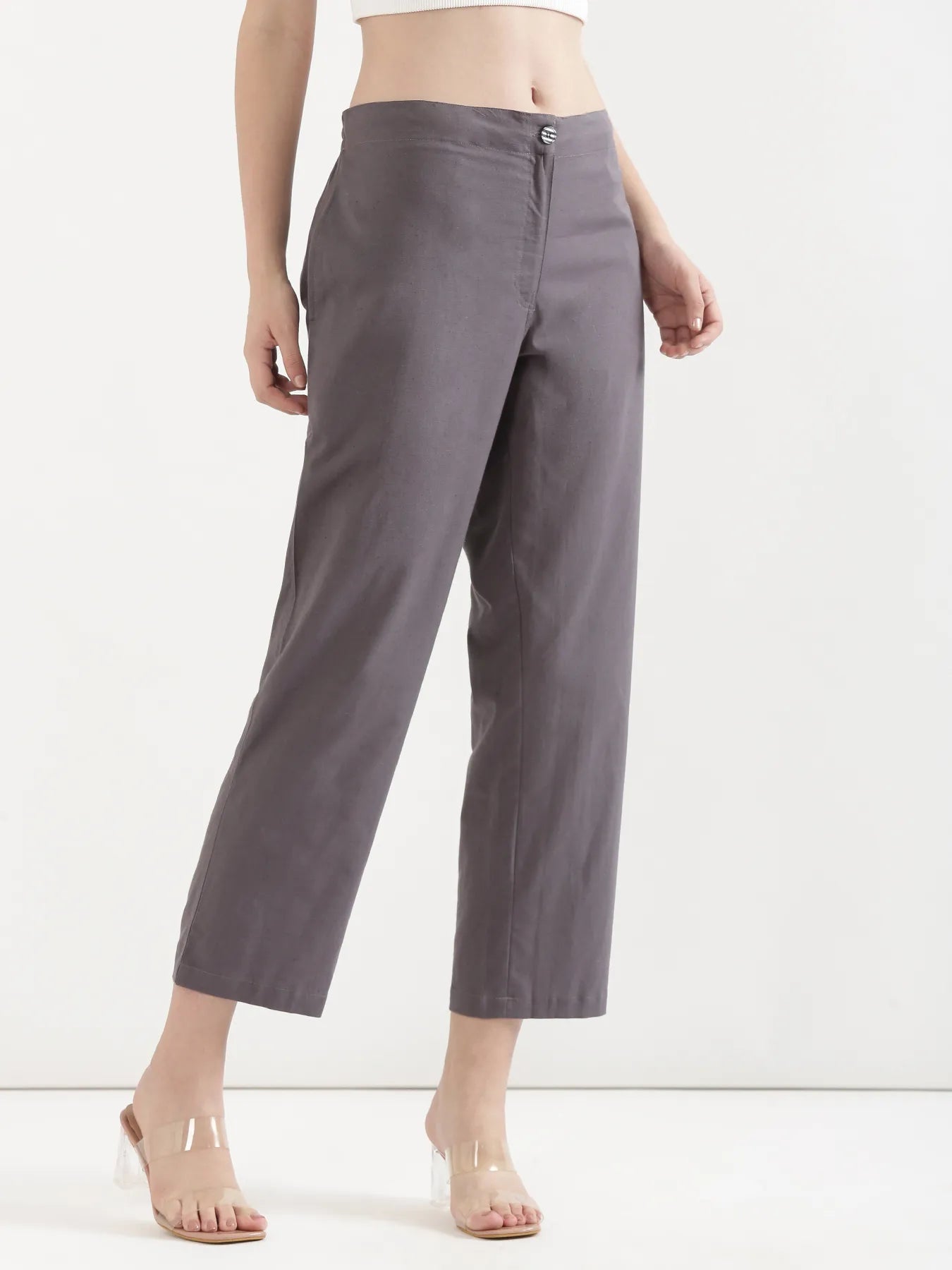Women Slate Grey Airy Linen Straight Pant