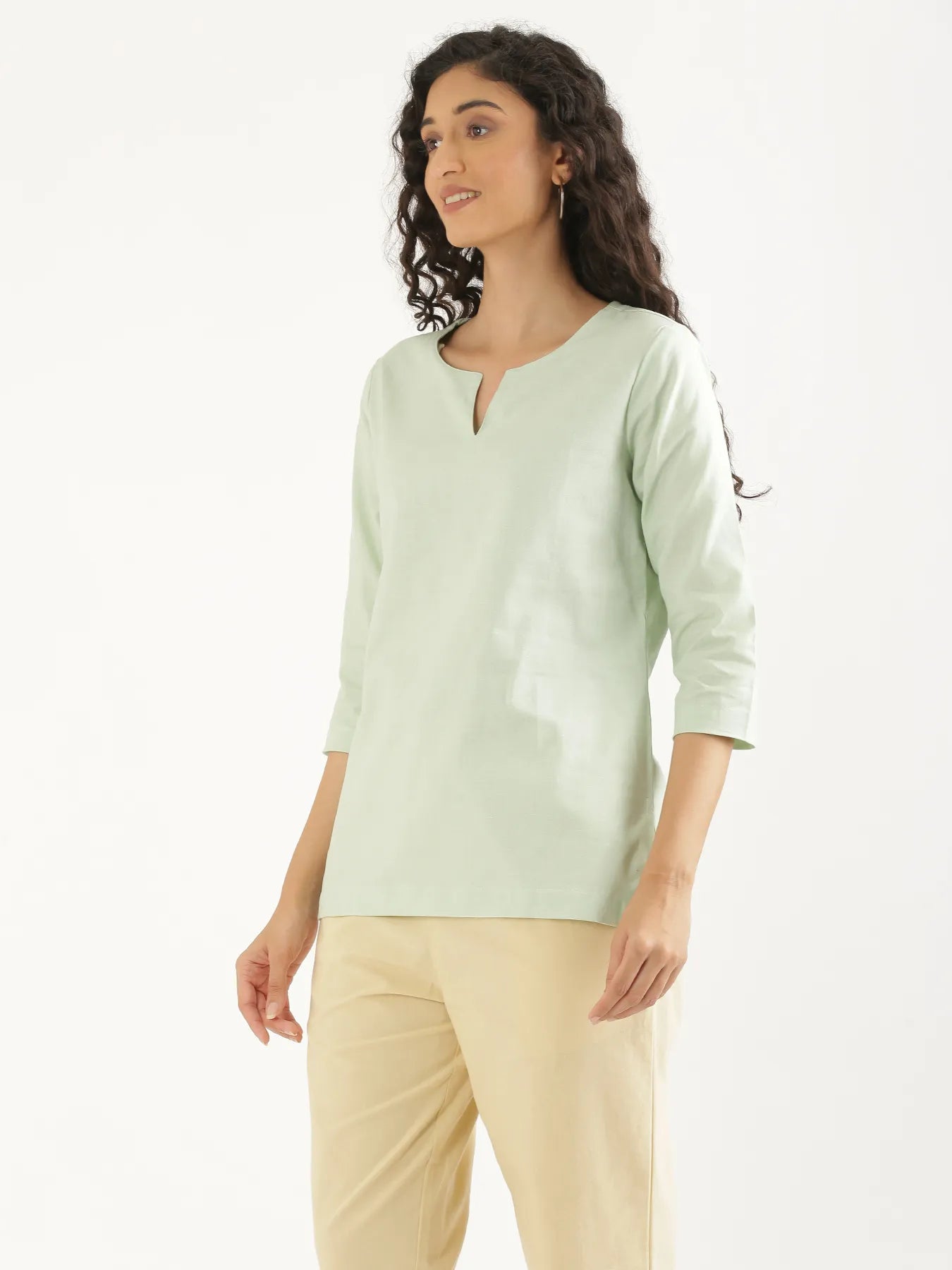 Women Mint Green Airy Linen Split Neck Short Kurta