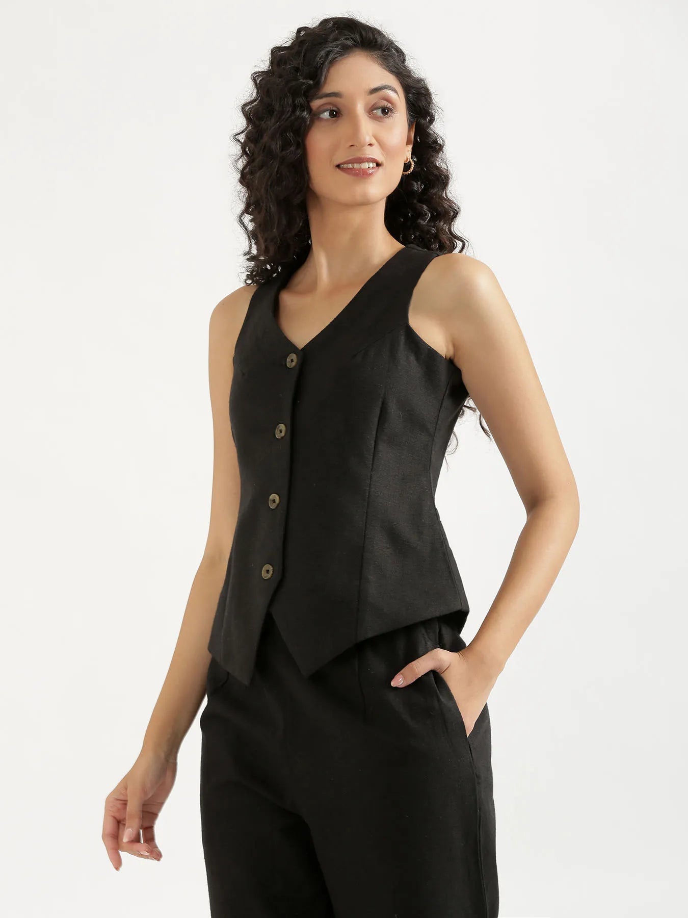 Women Black Linen Blend Waist Coat