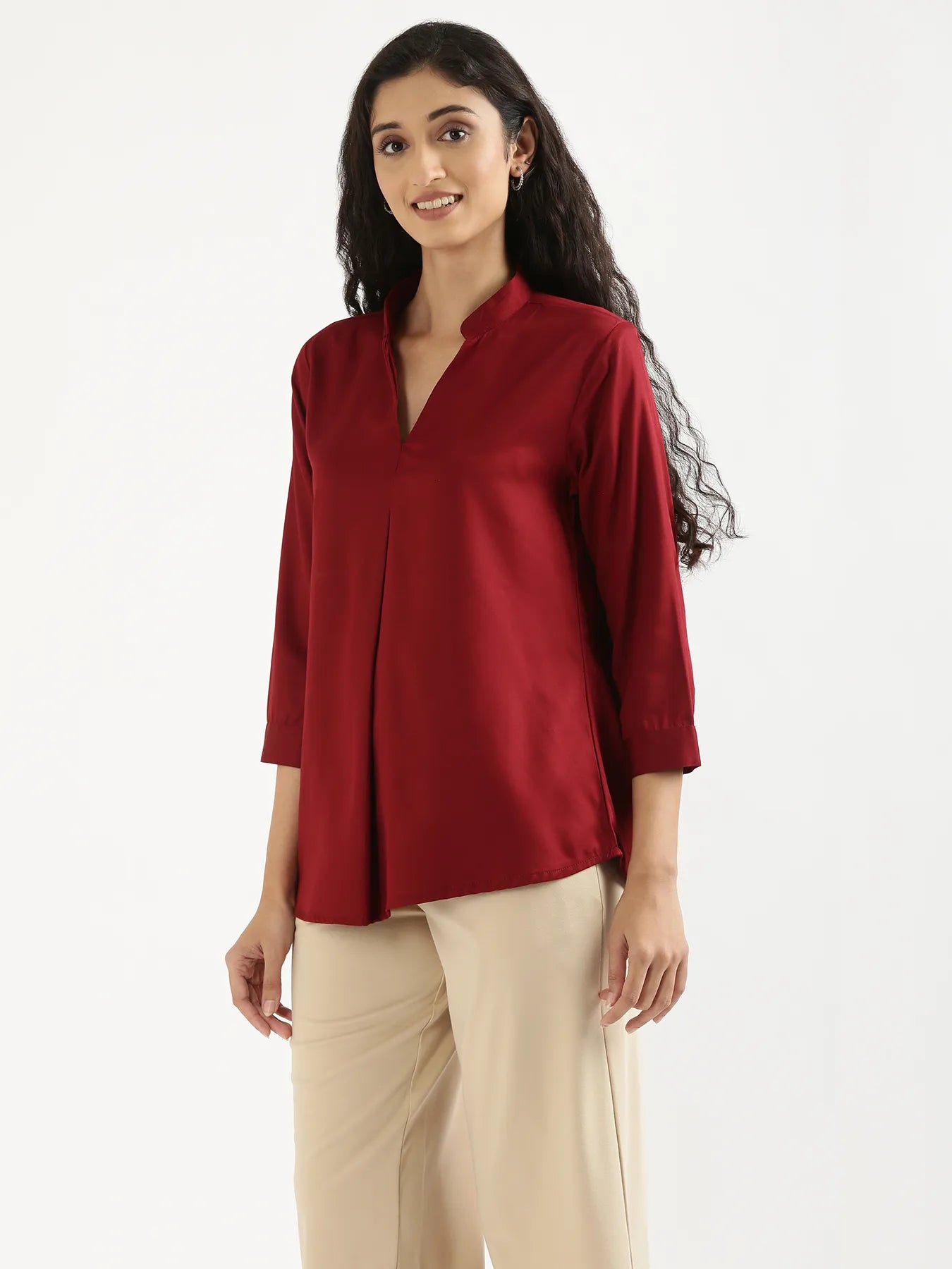Women Maroon Viscose Pleated Top