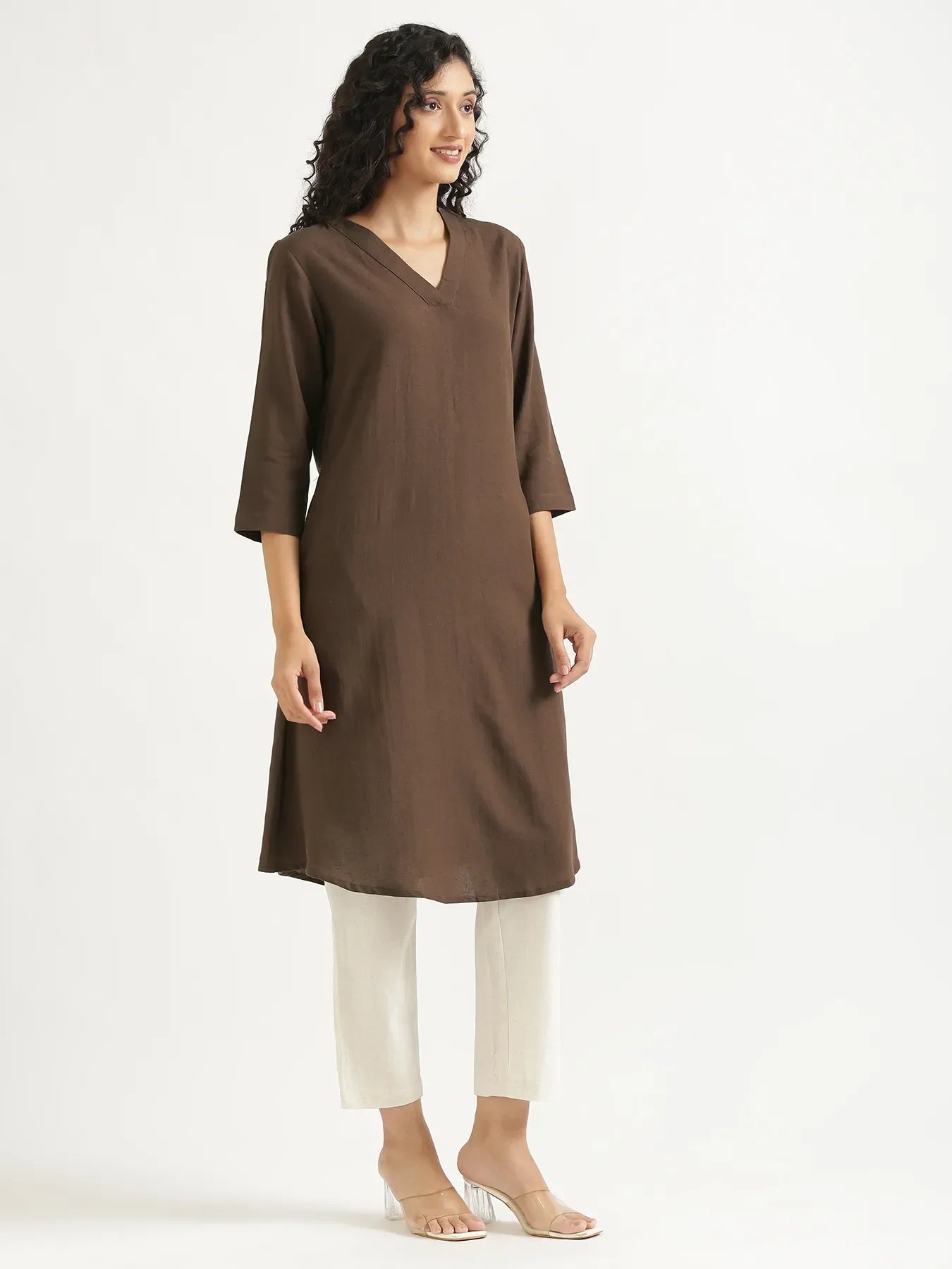 Women Dark Brown Flowy Linen A-Line Long Kurta
