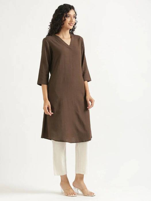 Women Dark Brown Flowy Linen A-Line Long Kurta