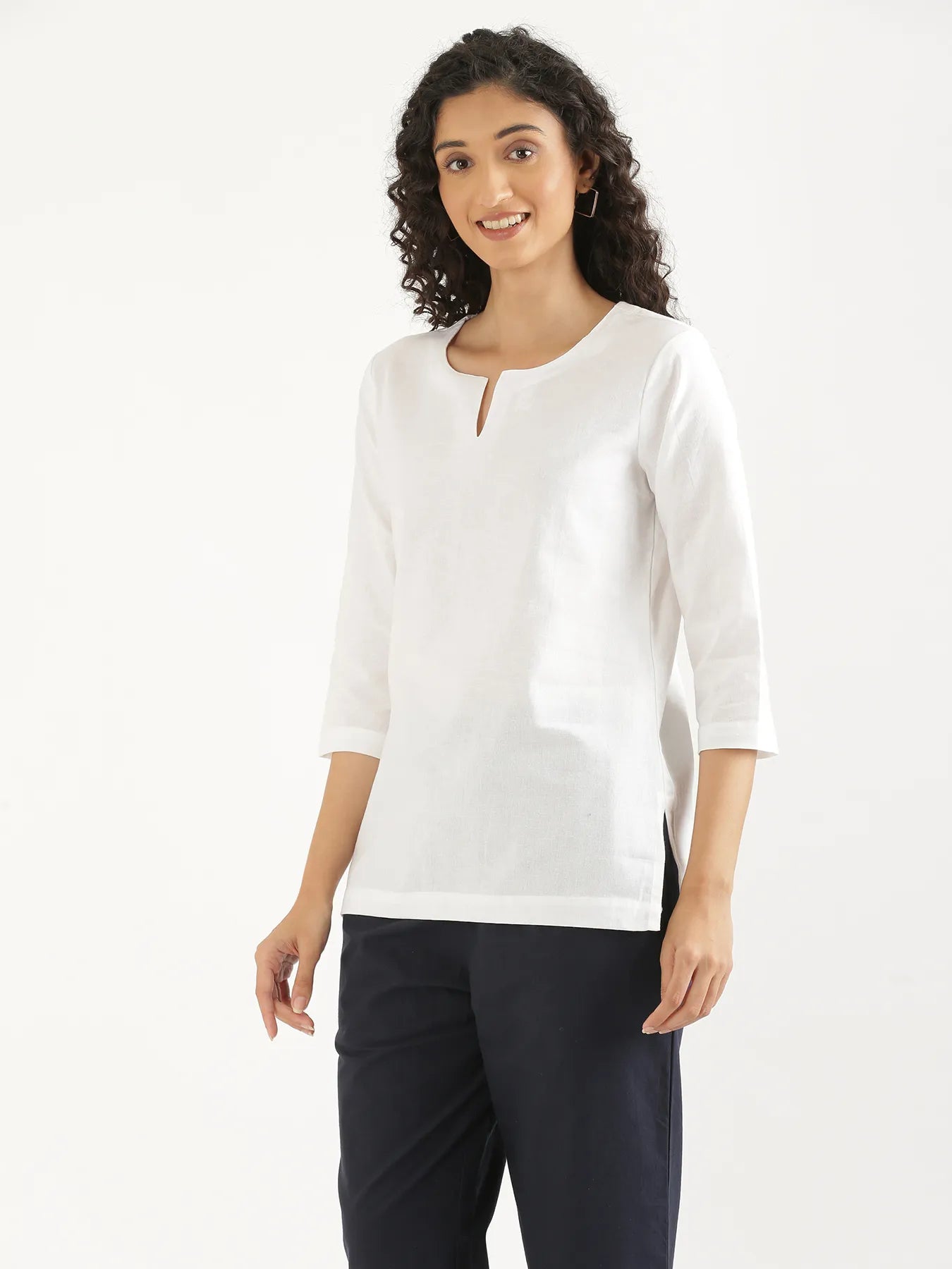 Women White Airy Linen Split Neck Short Kurta