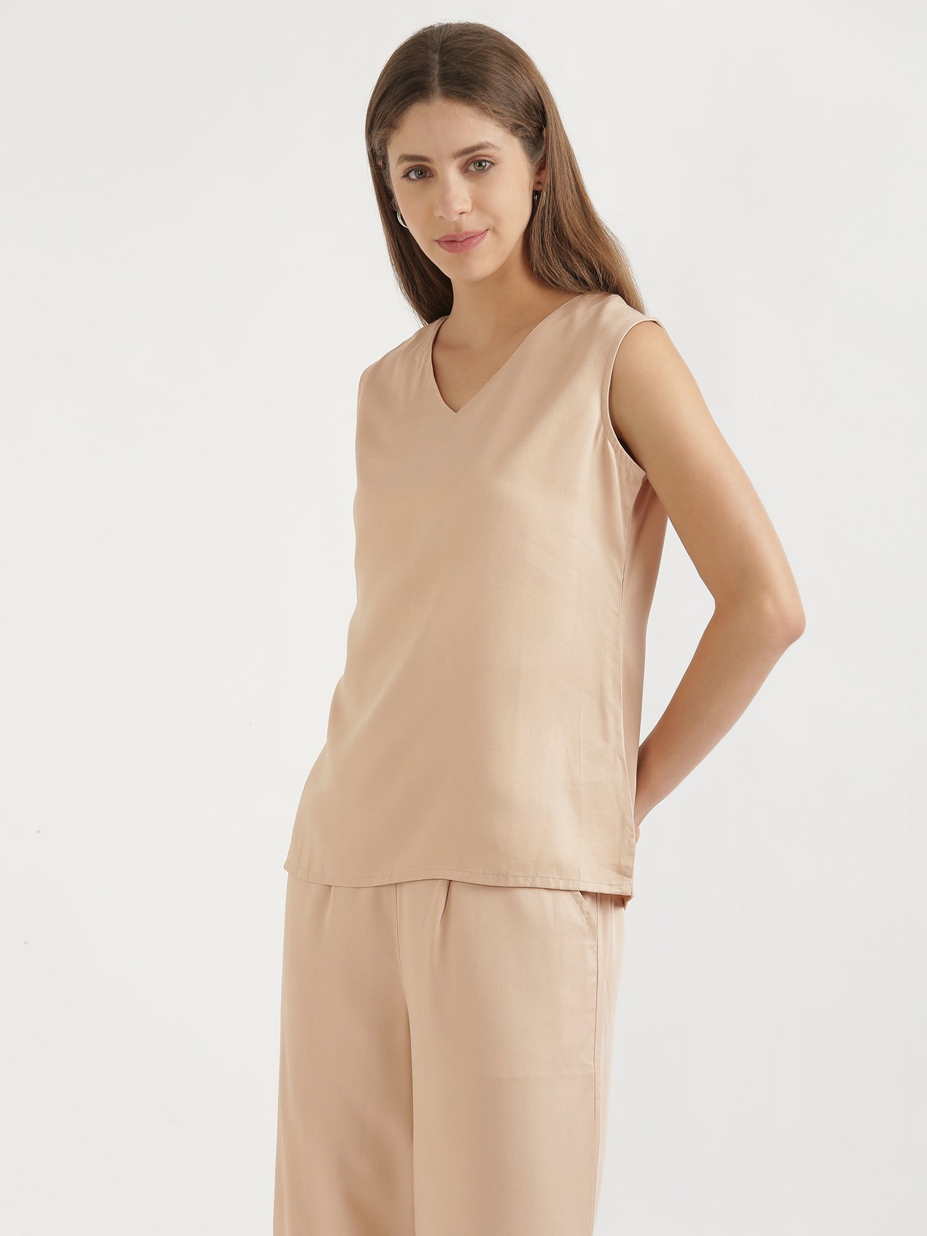 Wine Cotton Pant with Women Beige V-Neck Sleeveless Top