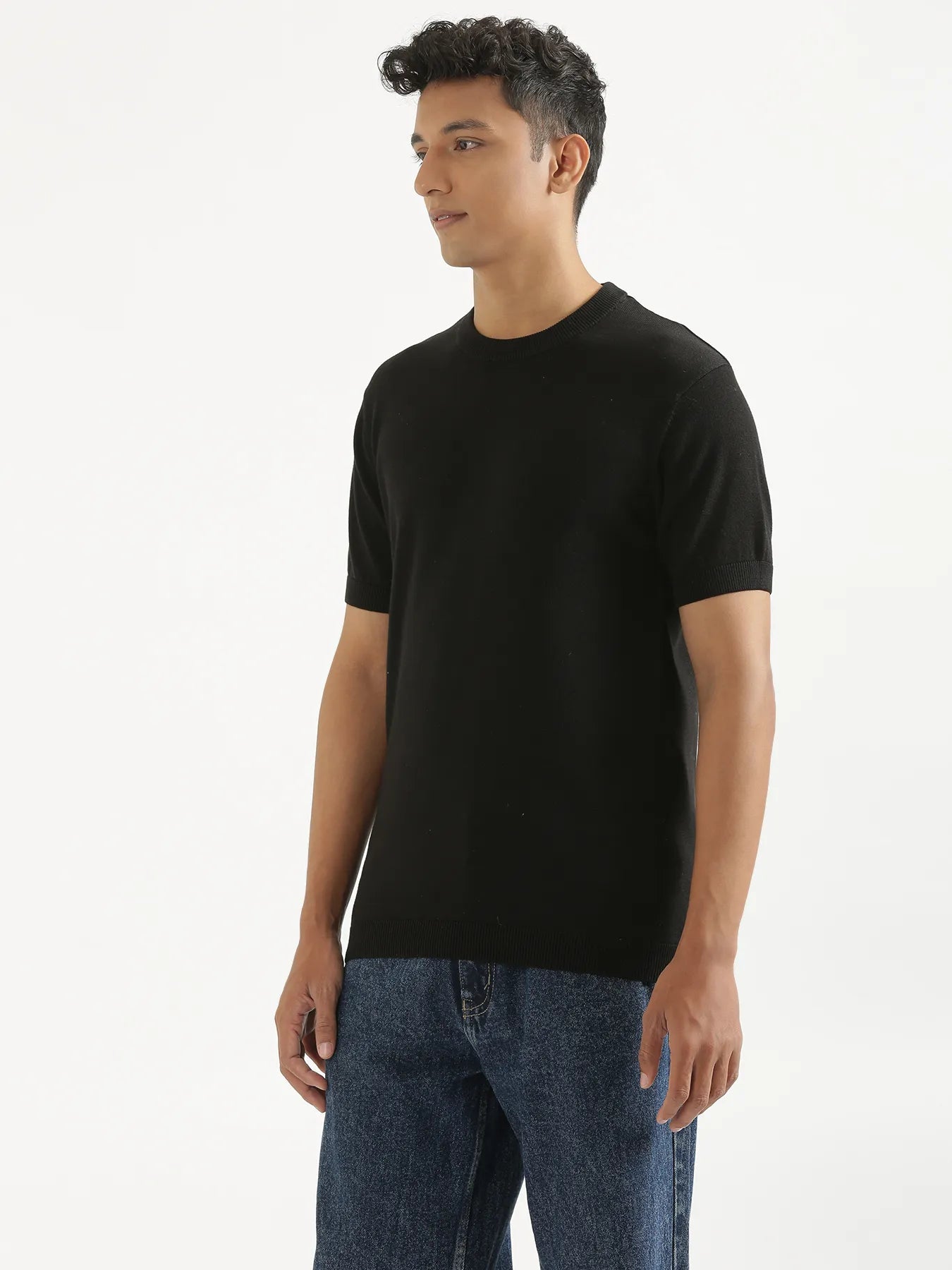 Men Black Flat Knit Round Neck T-shirt