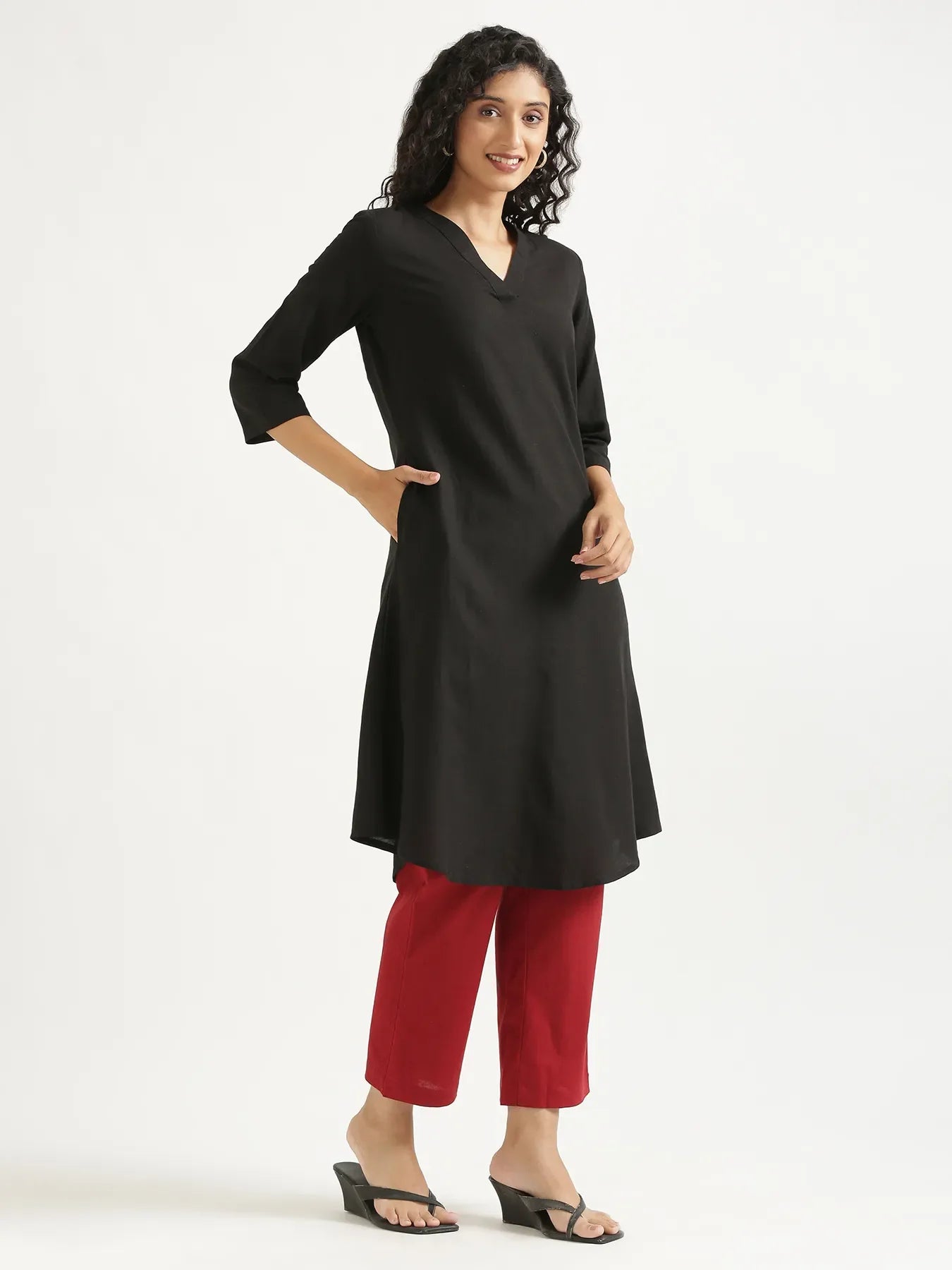 Women Black Flowy Linen A-Line Long Kurta