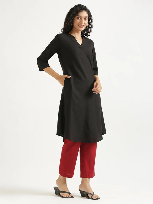 Women Black Flowy Linen A-Line Long Kurta