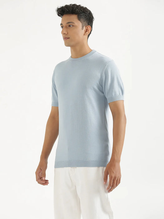 Men Light Blue Flat Knit Round Neck T-shirt