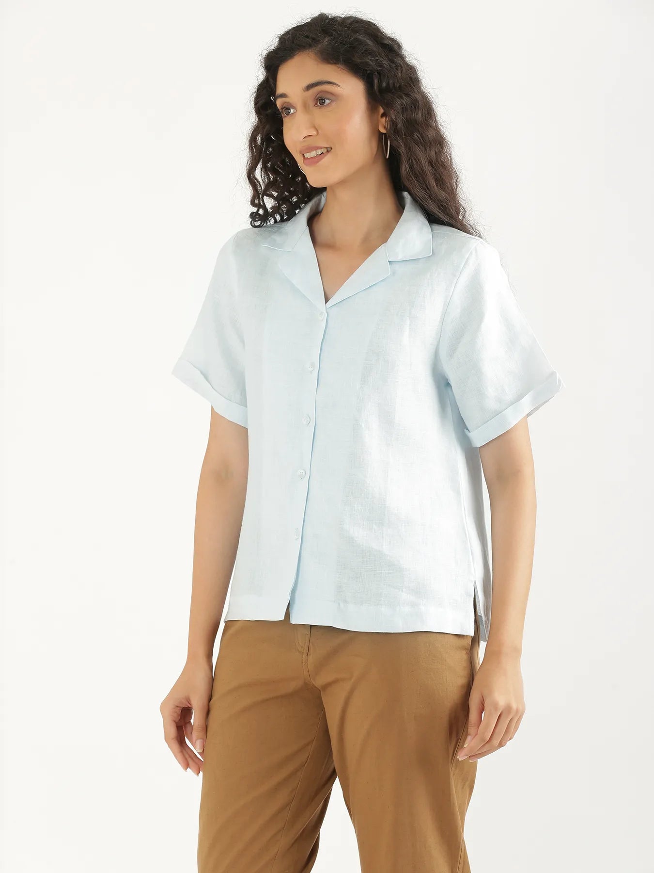Women Light Blue Pure Linen Notch Collar Shirt