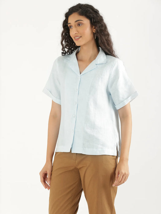 Women Light Blue Pure Linen Notch Collar Shirt
