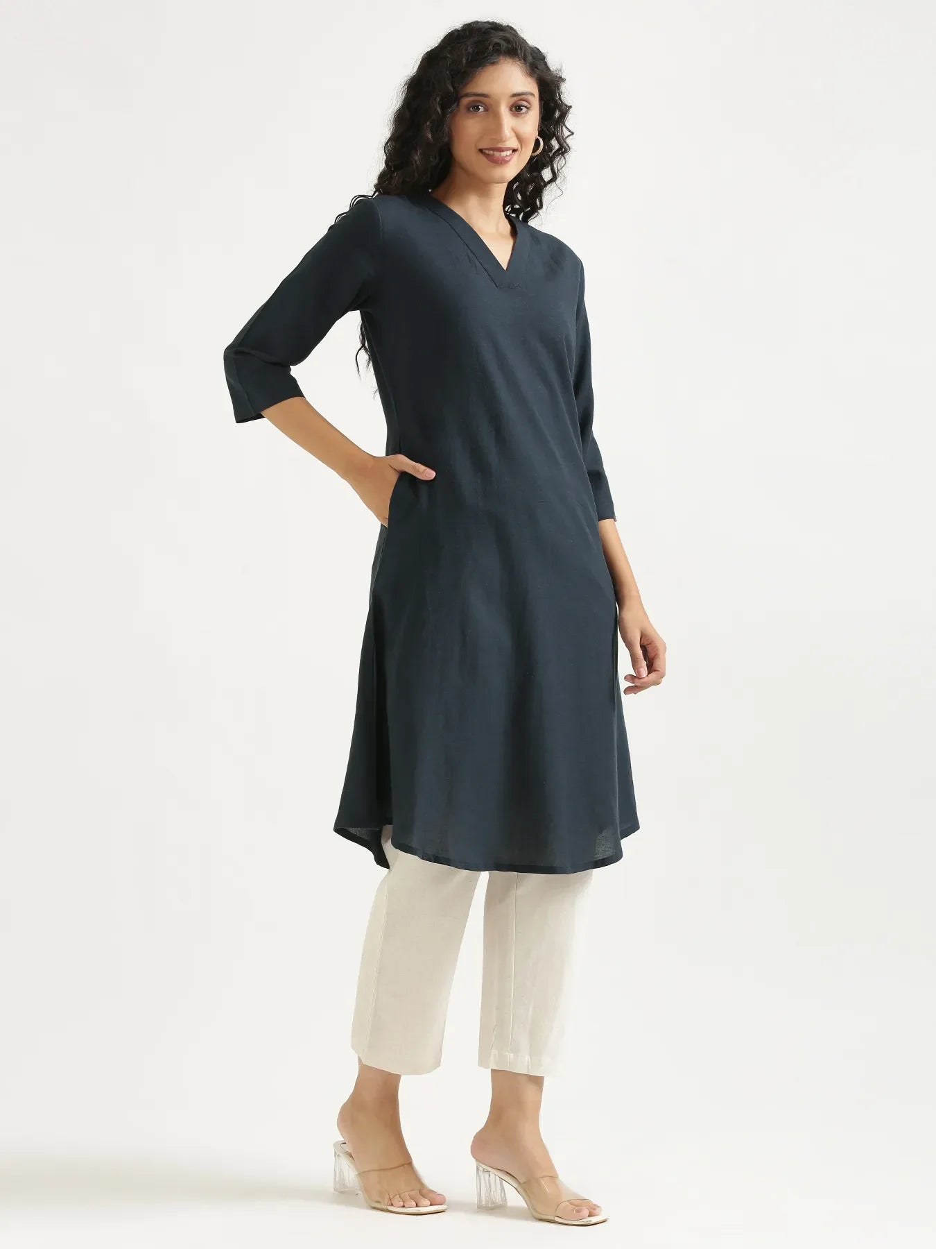 Women Navy Blue Flowy Linen A-Line Long Kurta