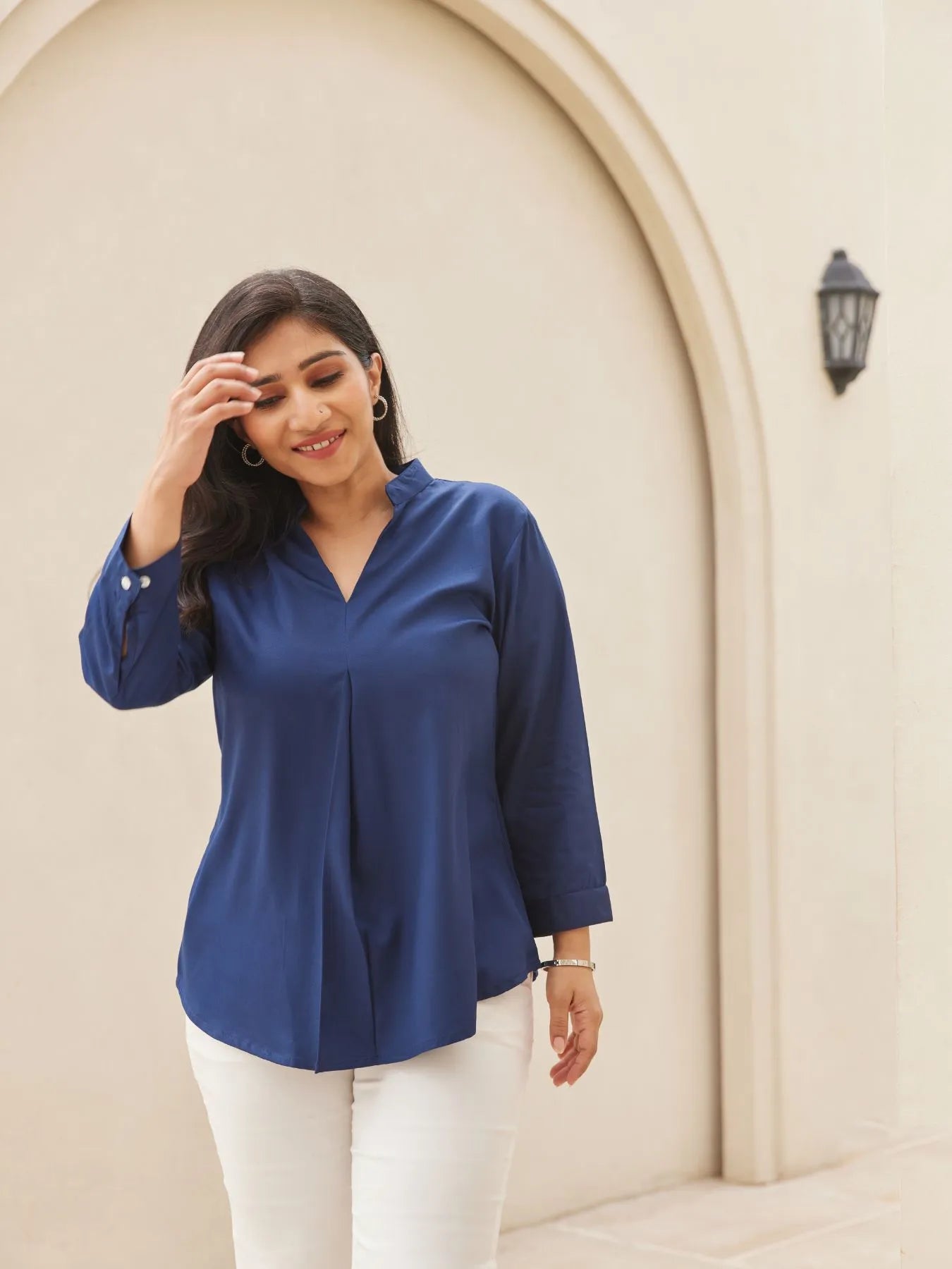 Navy Blue Pleated Top with White Straight Fit Formal Pant