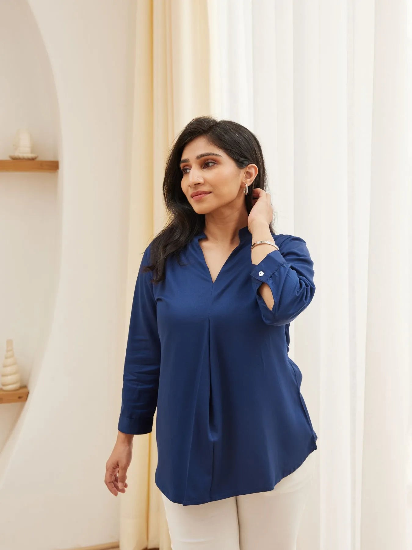 Navy Blue Pleated Top with White Straight Fit Formal Pant