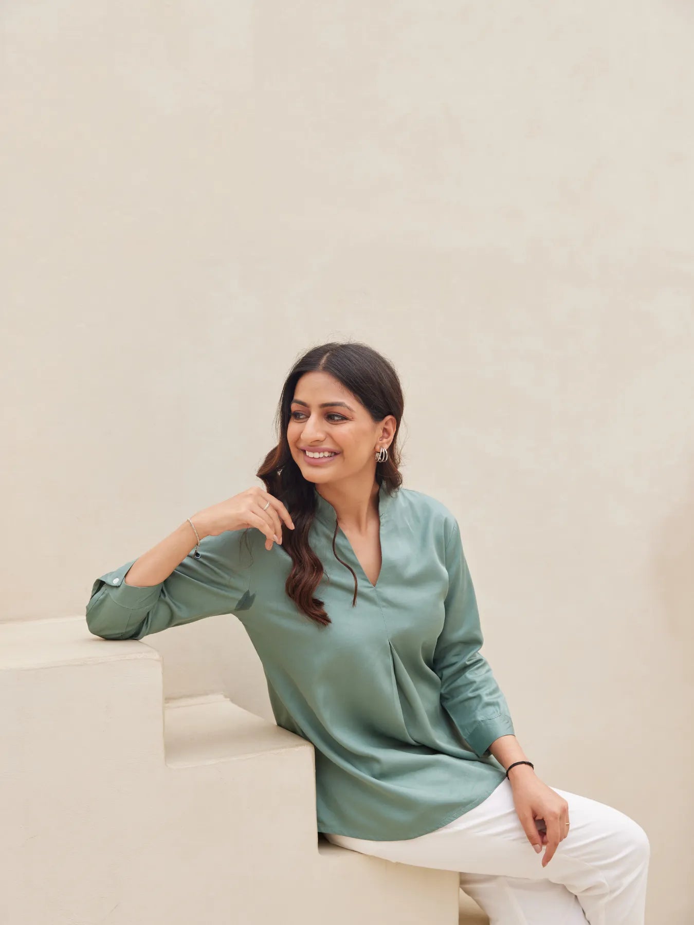 Jade Pleated Top with White Straight Fit Format Pant
