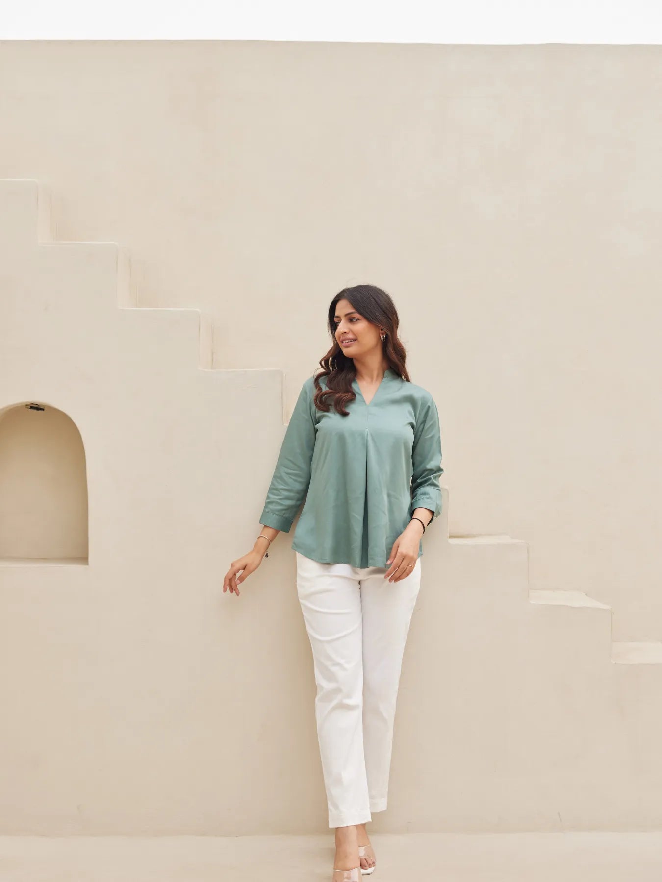 Jade Pleated Top with White Straight Fit Format Pant
