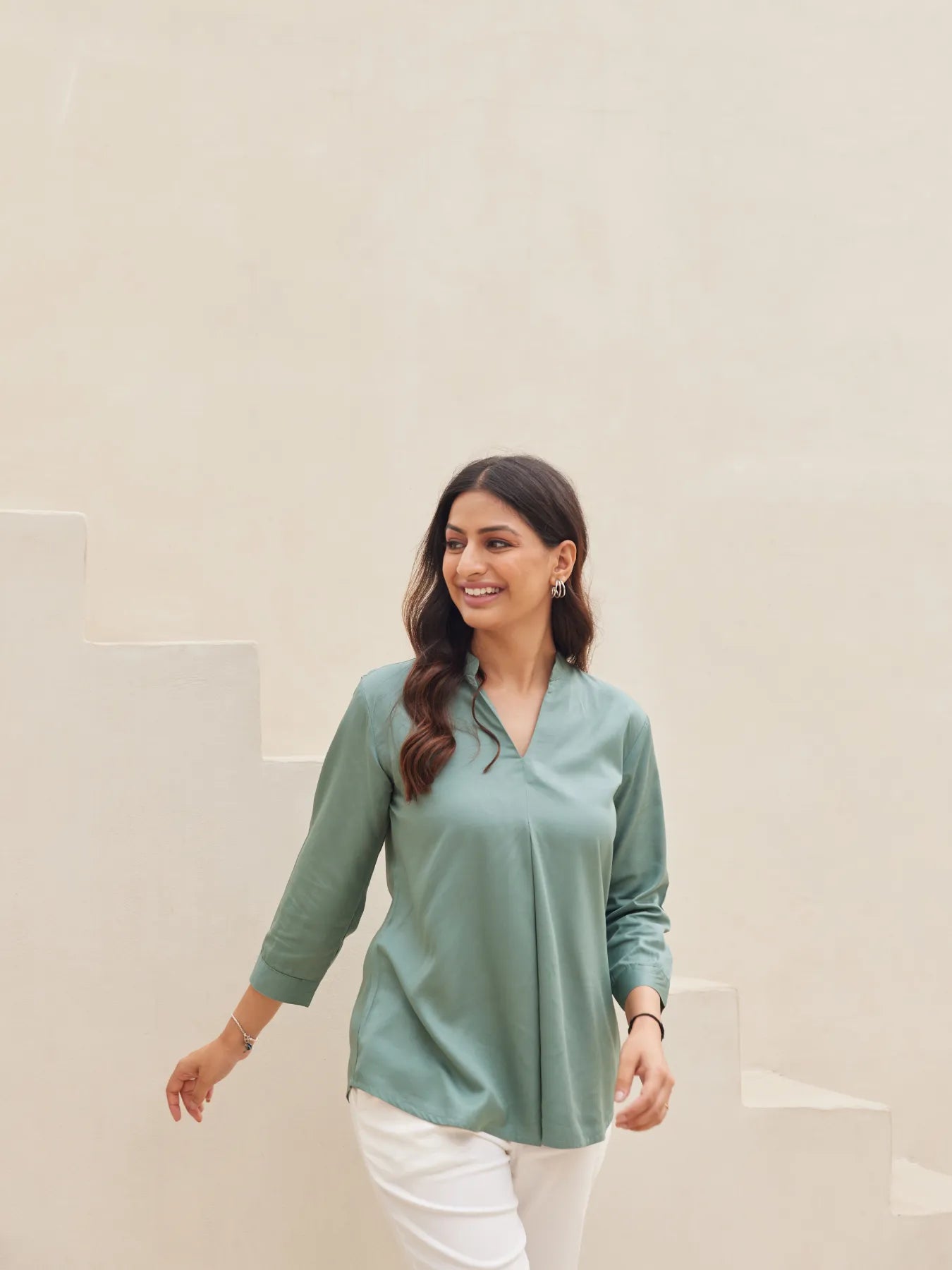 Jade Pleated Top with White Straight Fit Format Pant