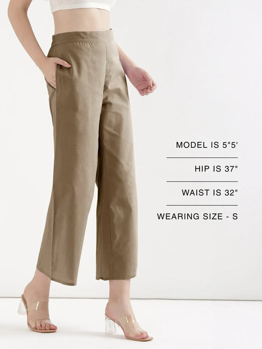 Women Khakhi Airy Linen Wide Leg Pant