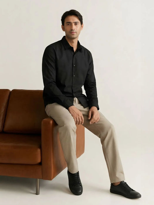 Men Black Better Cotton Full Sleeve Shirt & Khakhi Linen Blend Straight Pant